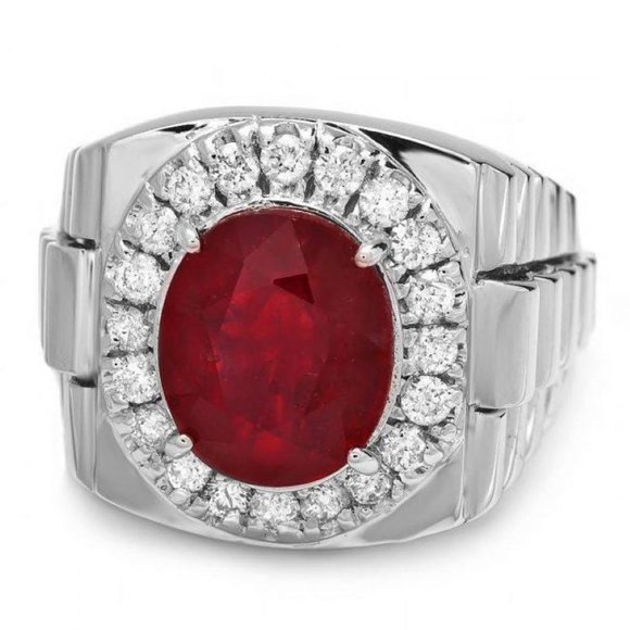7.70Ct Natural Red Ruby and Diamond 14k Solid White Gold Men's Ring - Picture 2 of 4